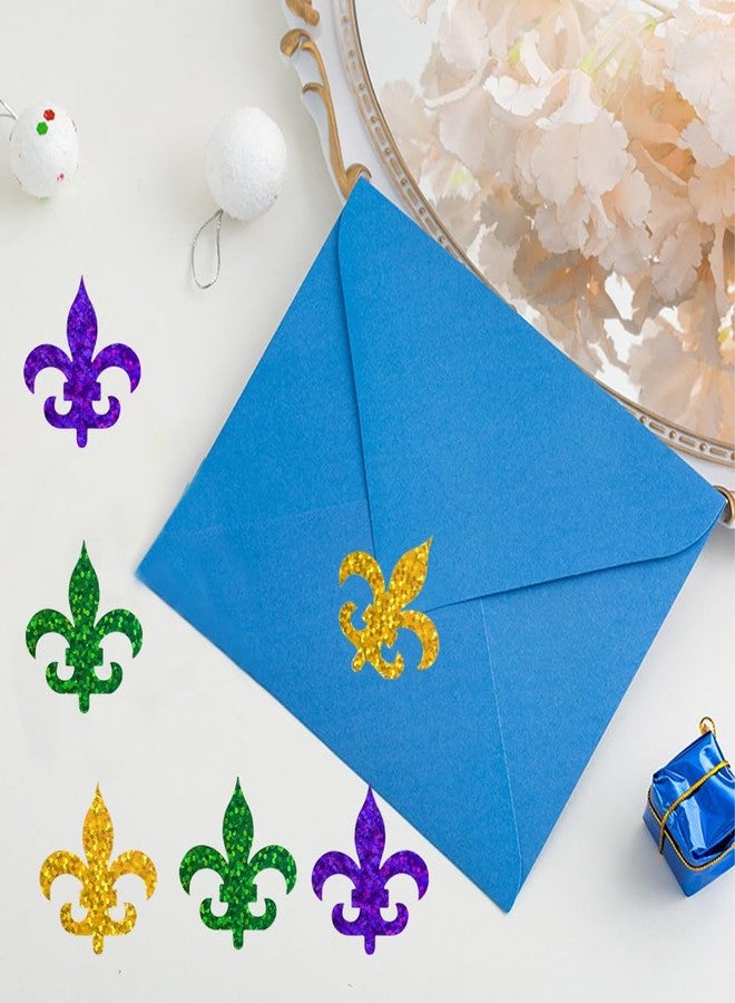 RUPOFUZA 500Pcs Mardi Gras Stickers Roll 1.2in Laser Fleur de Lis Seal Stickers Yellow Green Purple Waterproof Label Tag Self-Adhesive Decals for Carnival Party Supplies Envelope Journal Decorations - Image 3